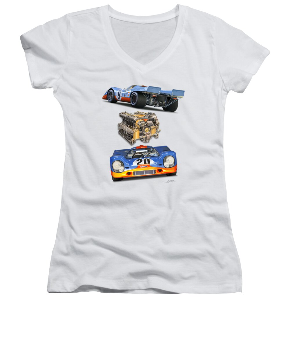 Porsche 917 Poster Illustration With Motor Women's V-Neck featuring the drawing Porsche 917 Poster Illustration by Alain Jamar