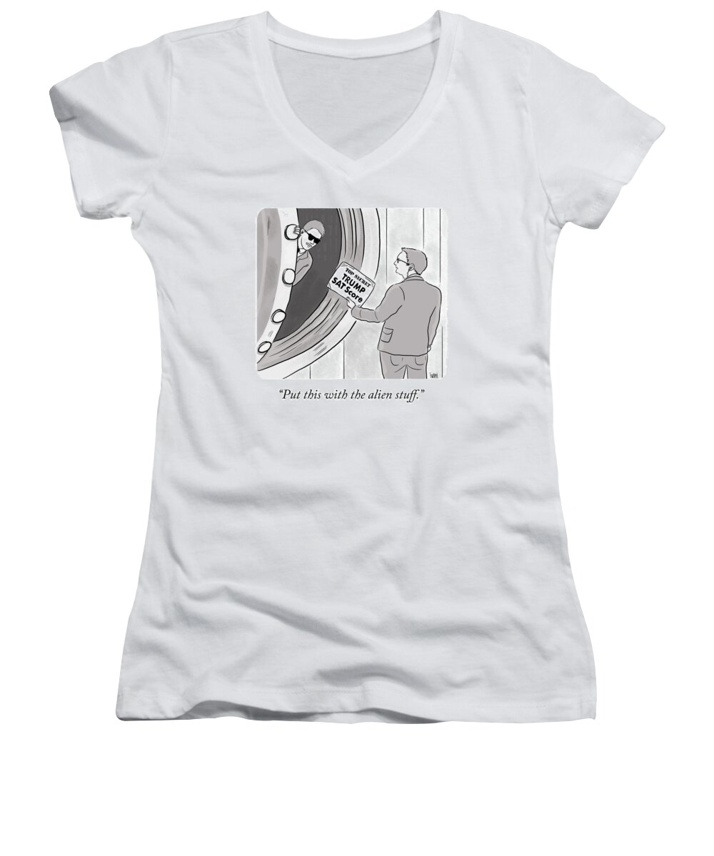 Put This With The Alien Stuff. Women's V-Neck featuring the drawing Put This With The Alien Stuff by Ivan Ehlers