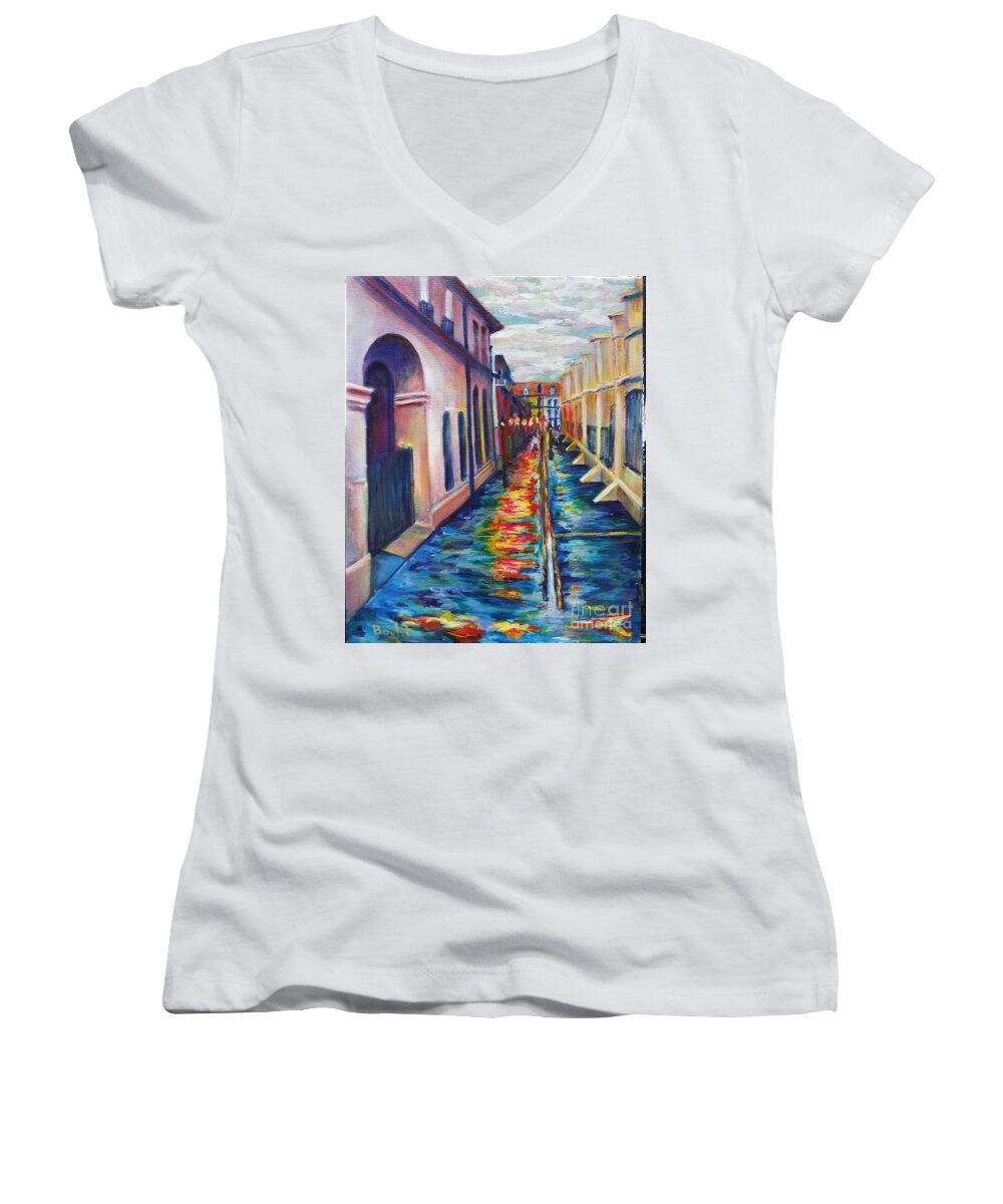 New Orleans Women's V-Neck featuring the painting Rainy Pirate Alley by Beverly Boulet