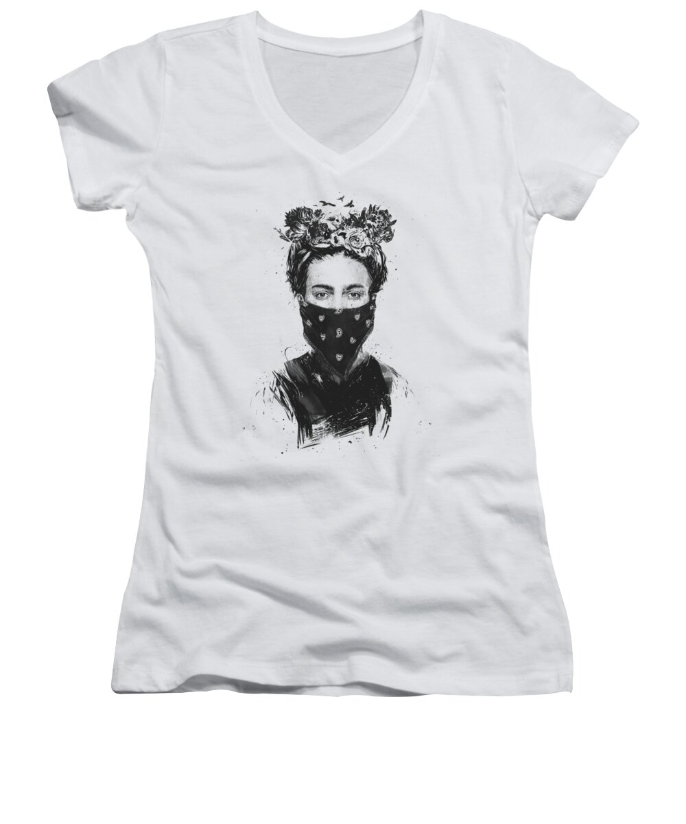 Girl Women's V-Neck featuring the drawing Rebel girl by Balazs Solti