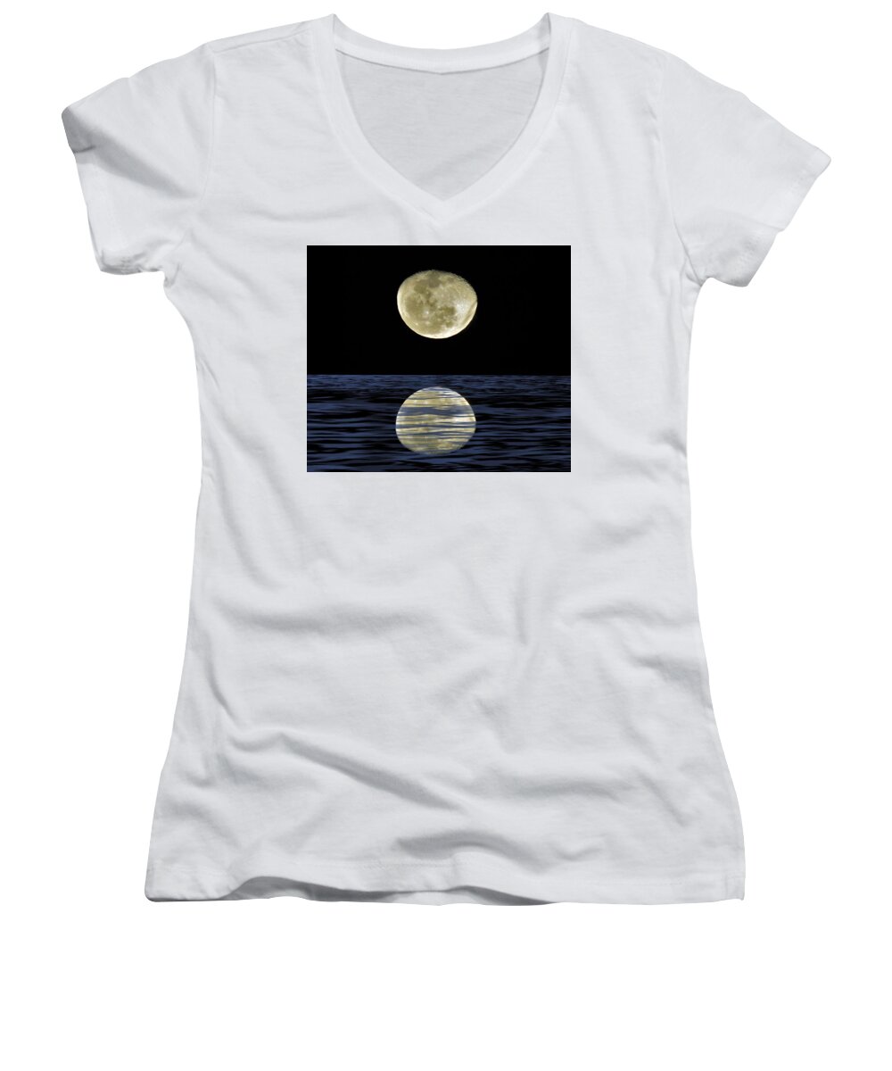 Weipa Women's V-Neck featuring the mixed media Reflective Moon by Joan Stratton