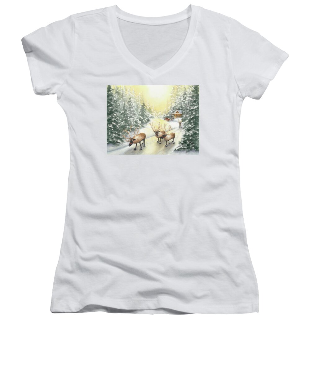 Reindeer Women's V-Neck featuring the painting Hoofing It Under the Midnight Sun by Lori Taylor