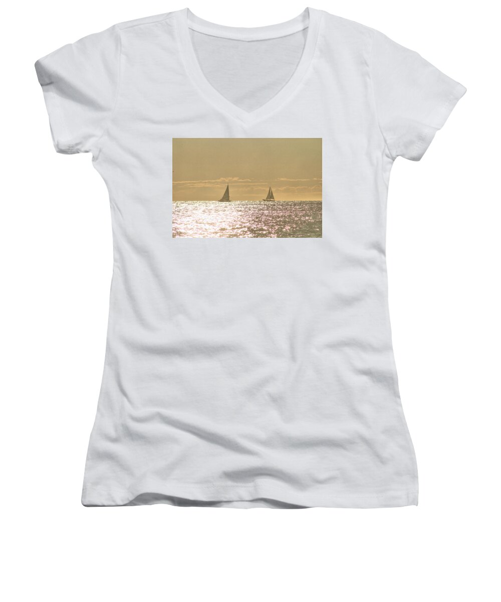 Water Women's V-Neck featuring the photograph Sailing On The Horizon by Robert Banach