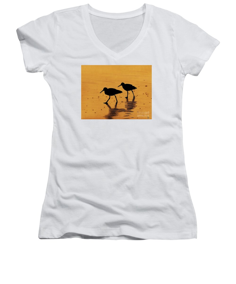Sunrise Women's V-Neck featuring the drawing Sandpipers - At - Sunrise by D Hackett