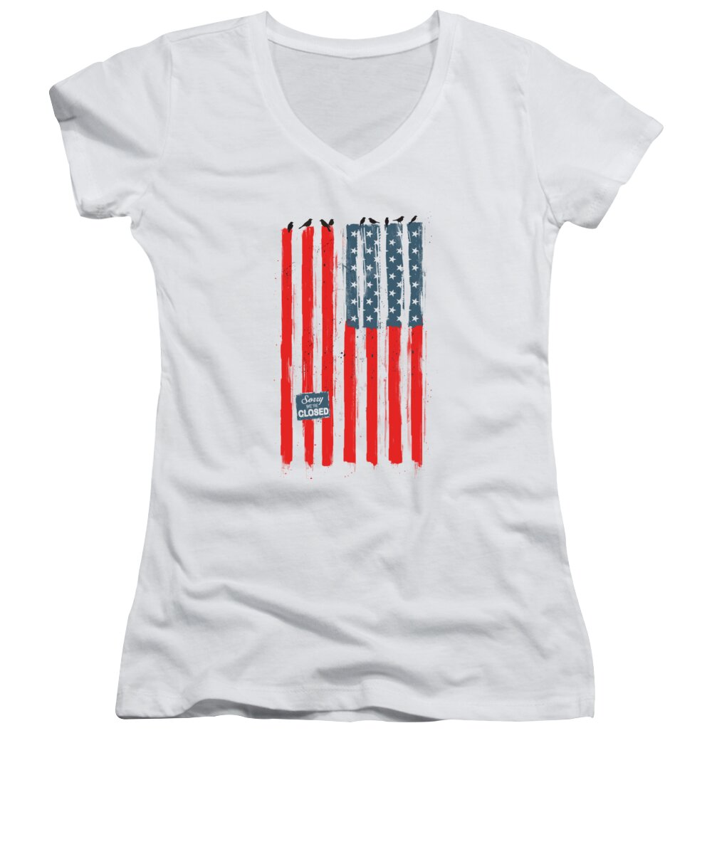 Usa Women's V-Neck featuring the painting Sorry We're Closed by Balazs Solti