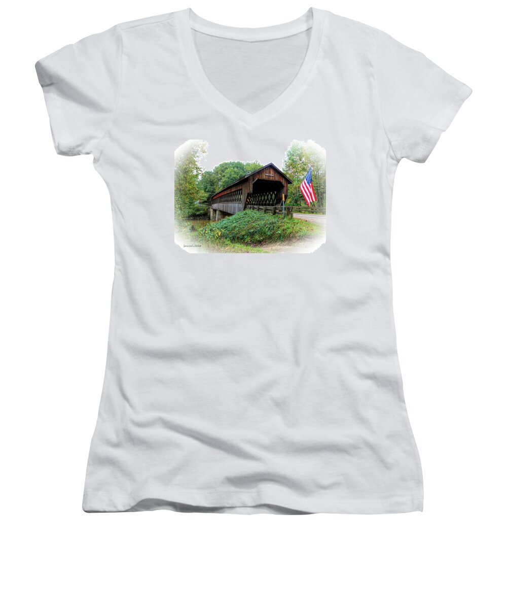 Landscape Women's V-Neck featuring the photograph State Road Covered Bridge by Lena Wilhite