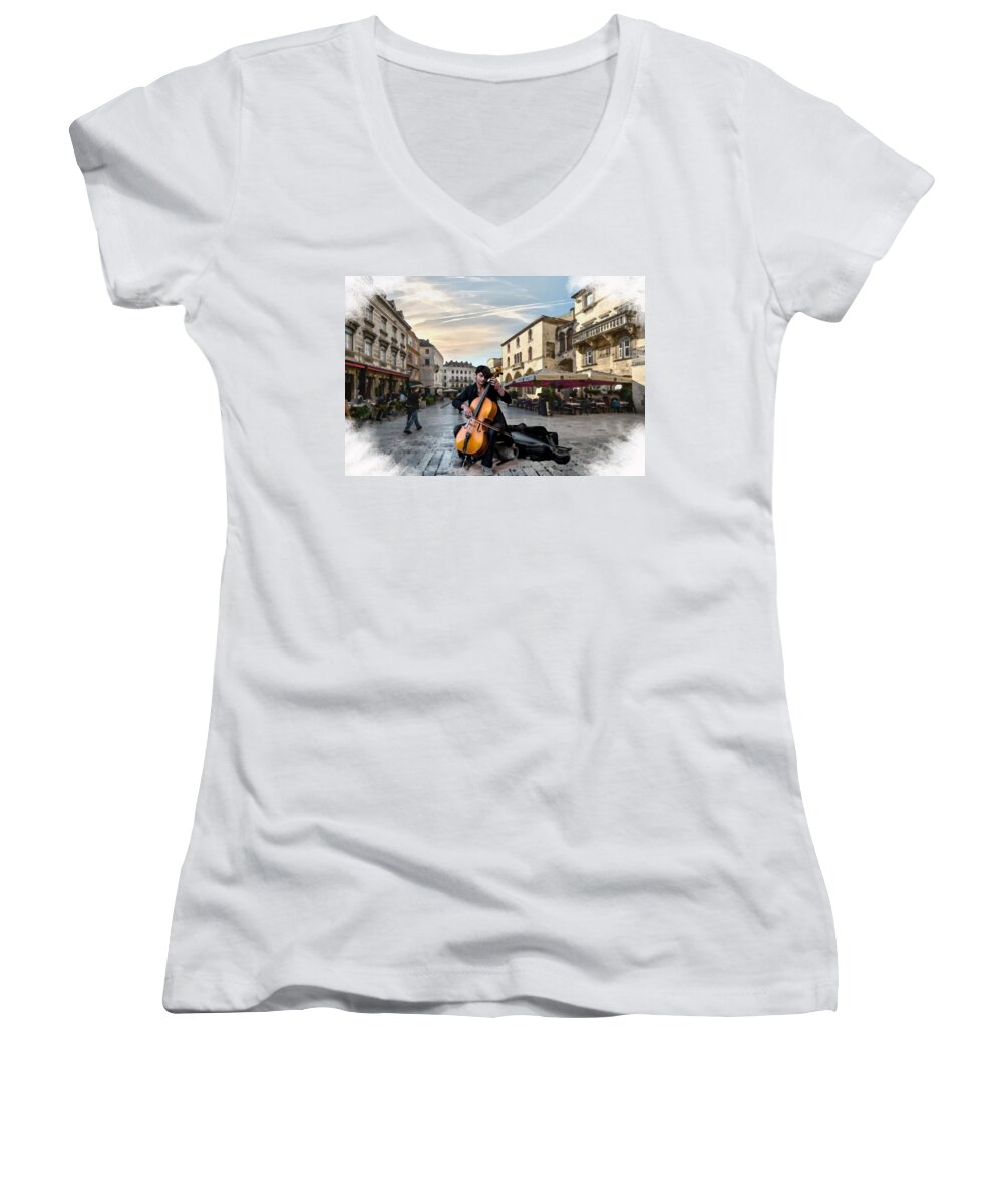 Music Women's V-Neck featuring the mixed media Street Music. Cello. by Alex Mir