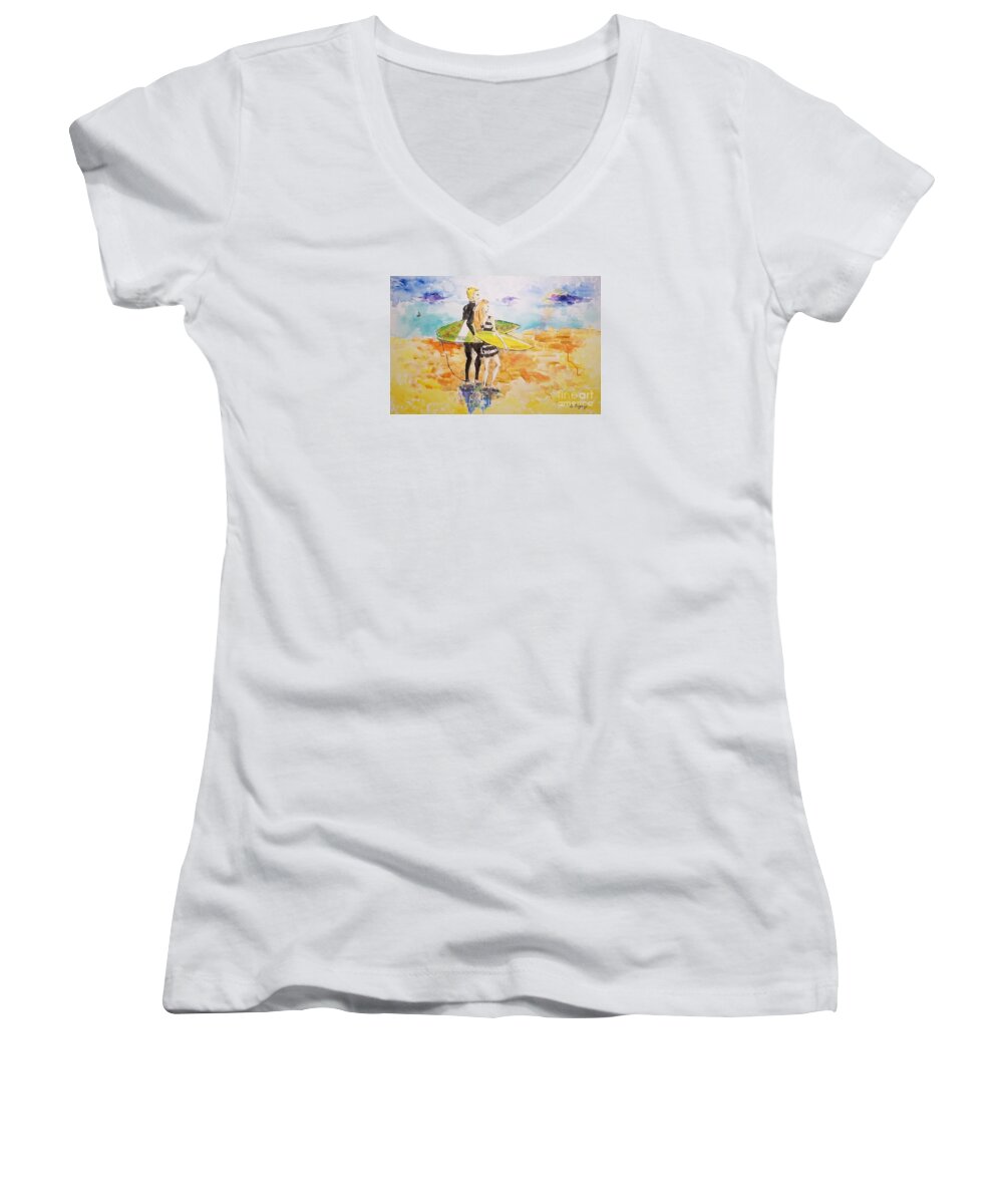 Surfer Women's V-Neck featuring the painting Surfer Couple by Leslie Ouyang