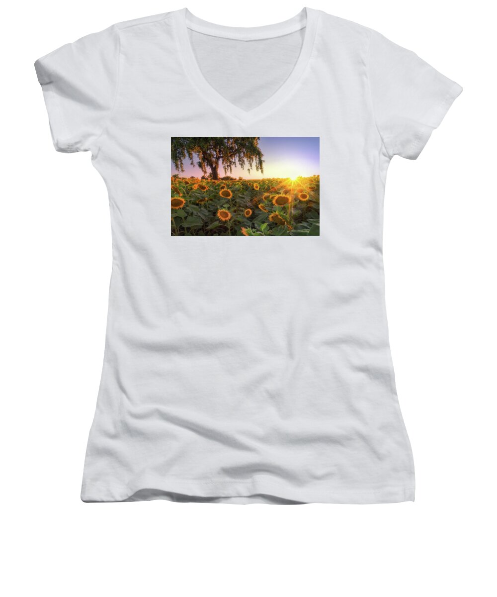 Landscape Women's V-Neck featuring the photograph Sunflowers and a Burst by Laura Macky