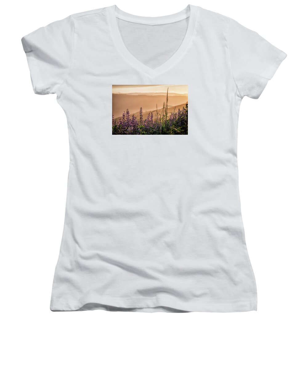 California Women's V-Neck featuring the photograph Sunset Among the Lupine by Laura Roberts
