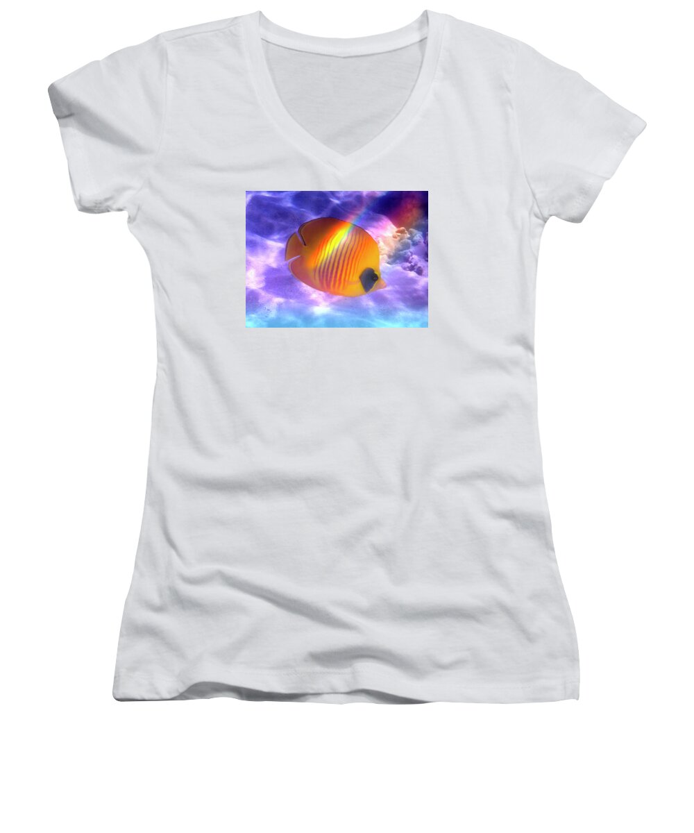 Underwater Women's V-Neck featuring the photograph The Bluecheeked Butterflyfish Colorfully by Johanna Hurmerinta