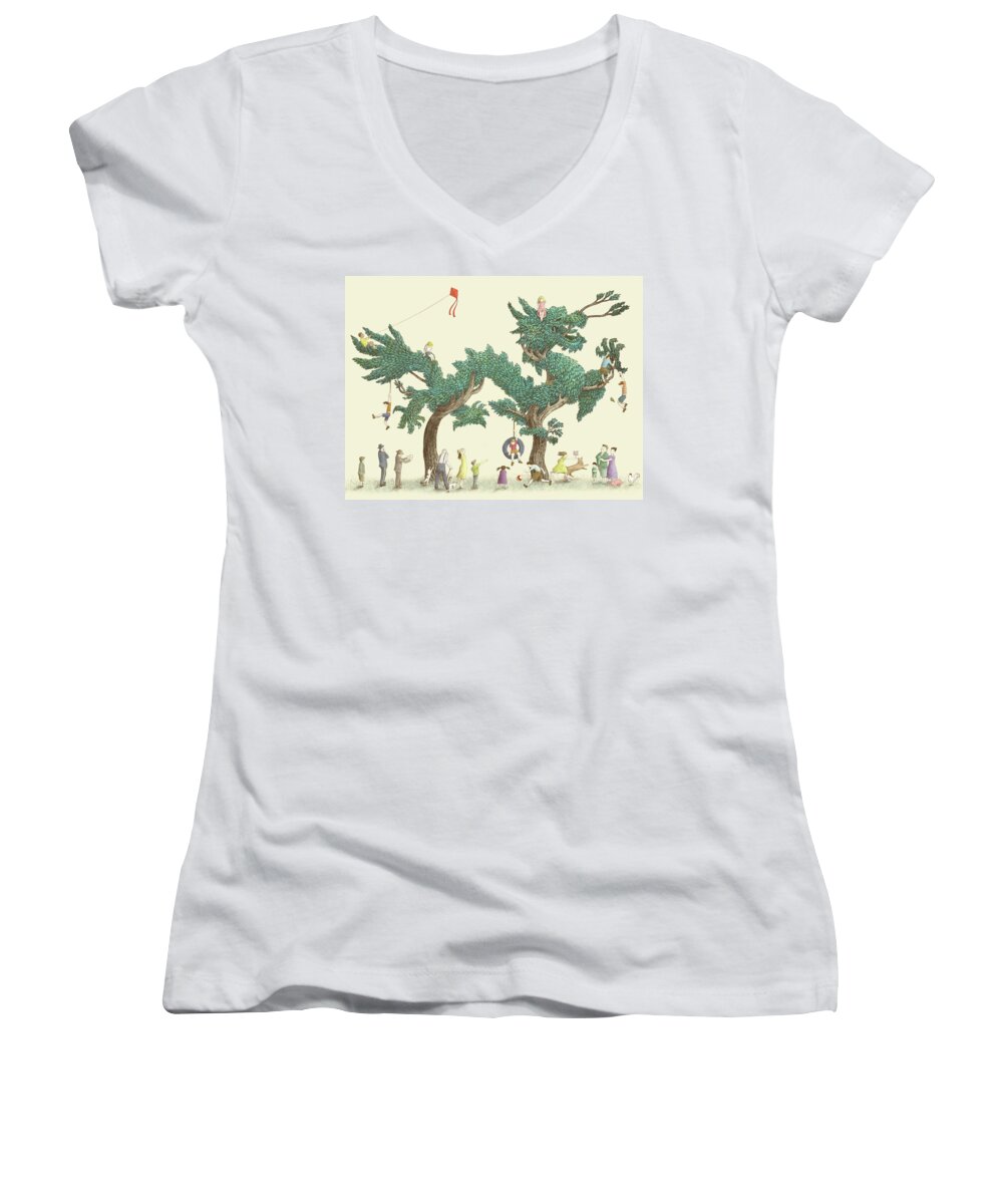 Dragon Women's V-Neck featuring the drawing The Dragon Tree by Eric Fan
