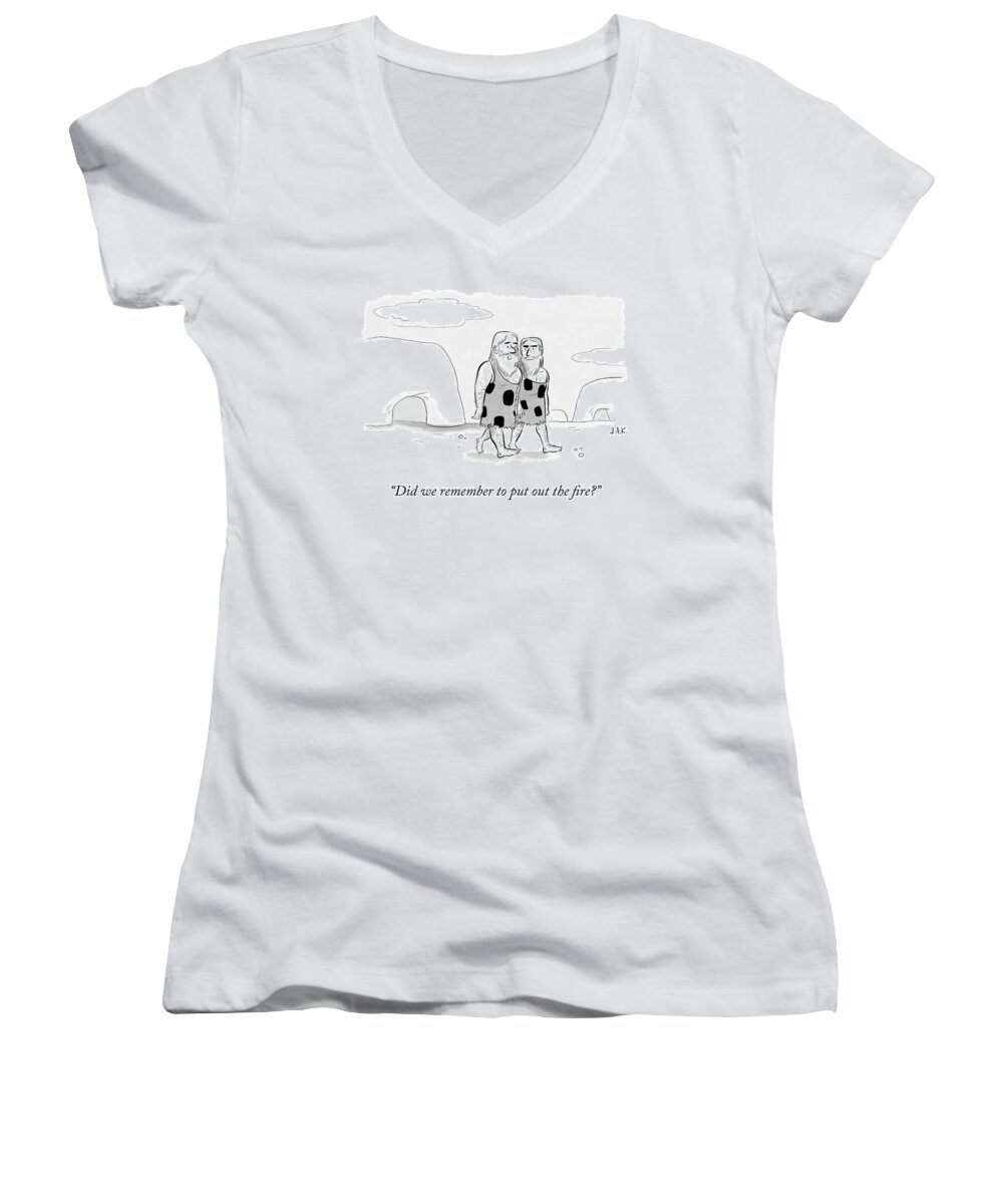 did We Remember To Put Out The Fire? Cavemen Women's V-Neck featuring the drawing The Fire by Jason Adam Katzenstein