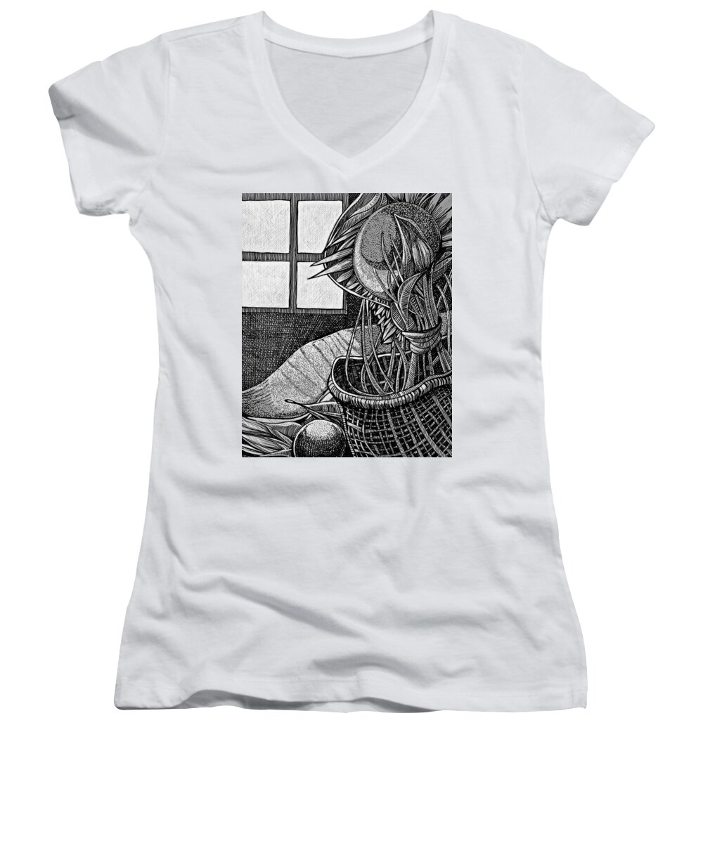 Pen And Ink Sketches Women's V-Neck featuring the drawing The splendor of a brief moment in the window by Enrique Zaldivar