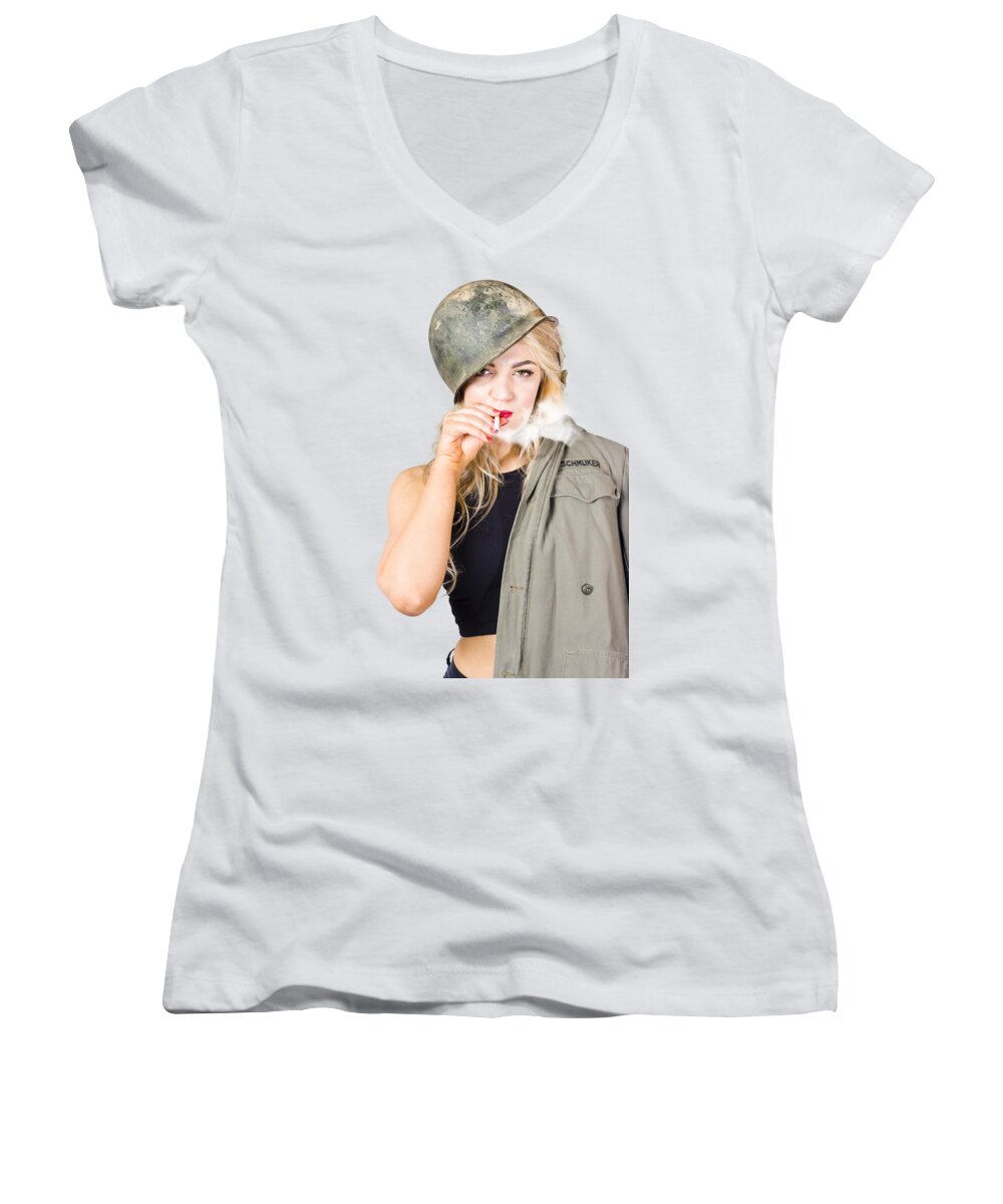 Military Women's V-Neck featuring the photograph Tough and determined female pin-up soldier smoking by Jorgo Photography
