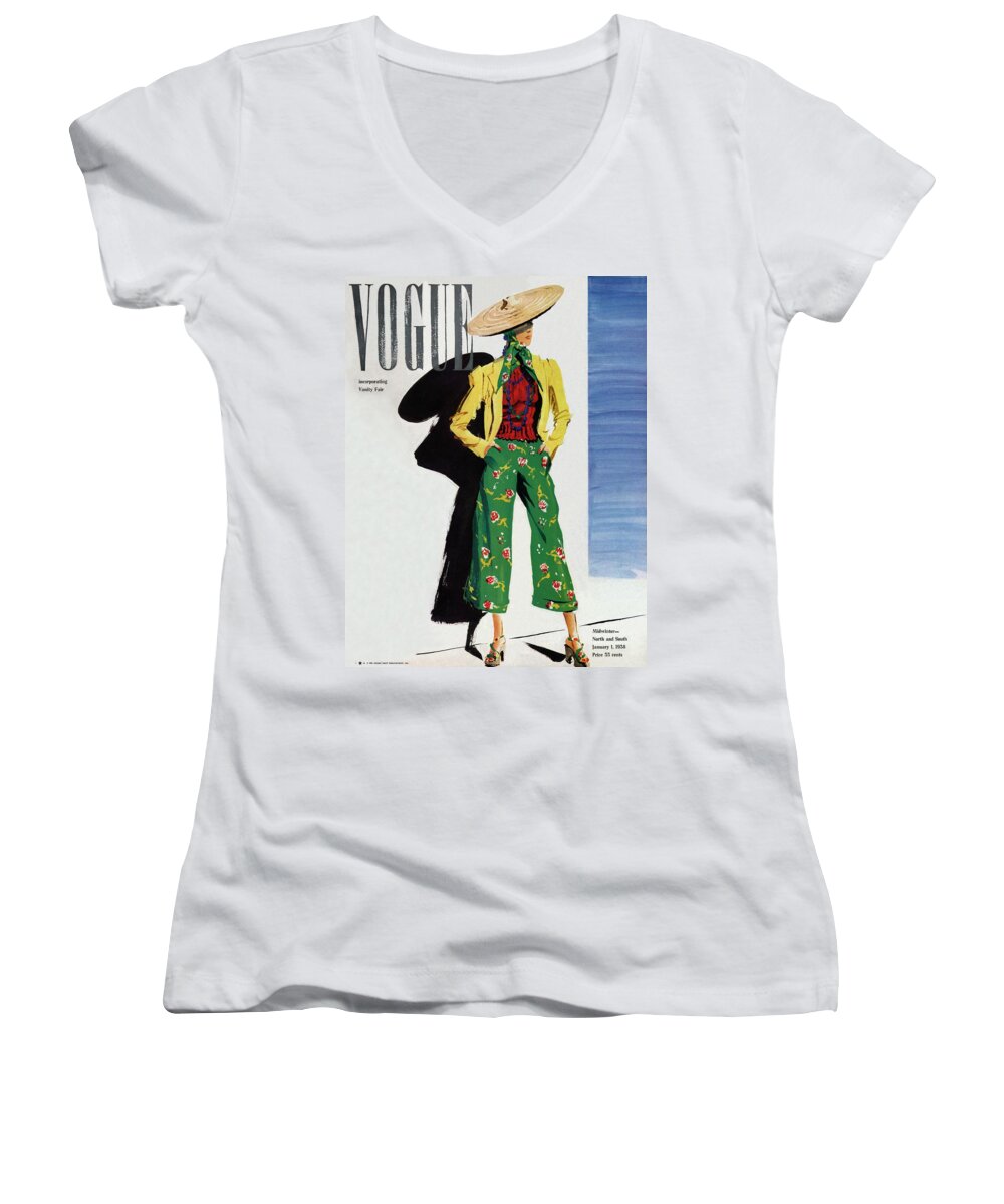 #new2022vogue Women's V-Neck featuring the painting Vintage Vogue Cover Of A Woman In Green Florals by Rene Bouet-Willaumez