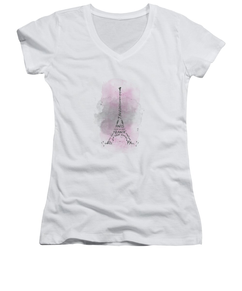 Paris Women's V-Neck featuring the digital art Watercolor Art Eiffel Tower - pink by Melanie Viola