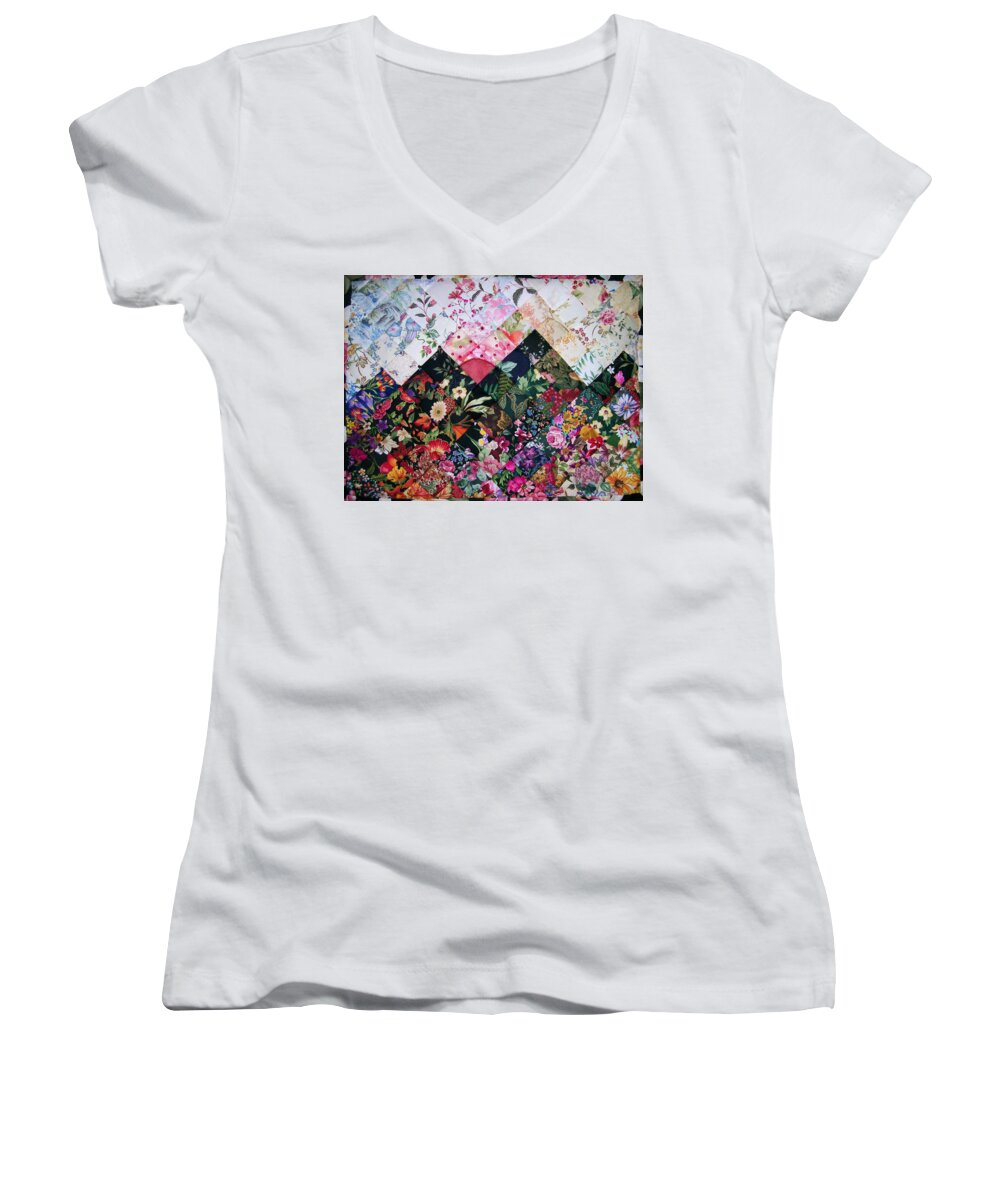 Art Quilt Women's V-Neck featuring the tapestry - textile Watercolor Sunset by Pam Geisel