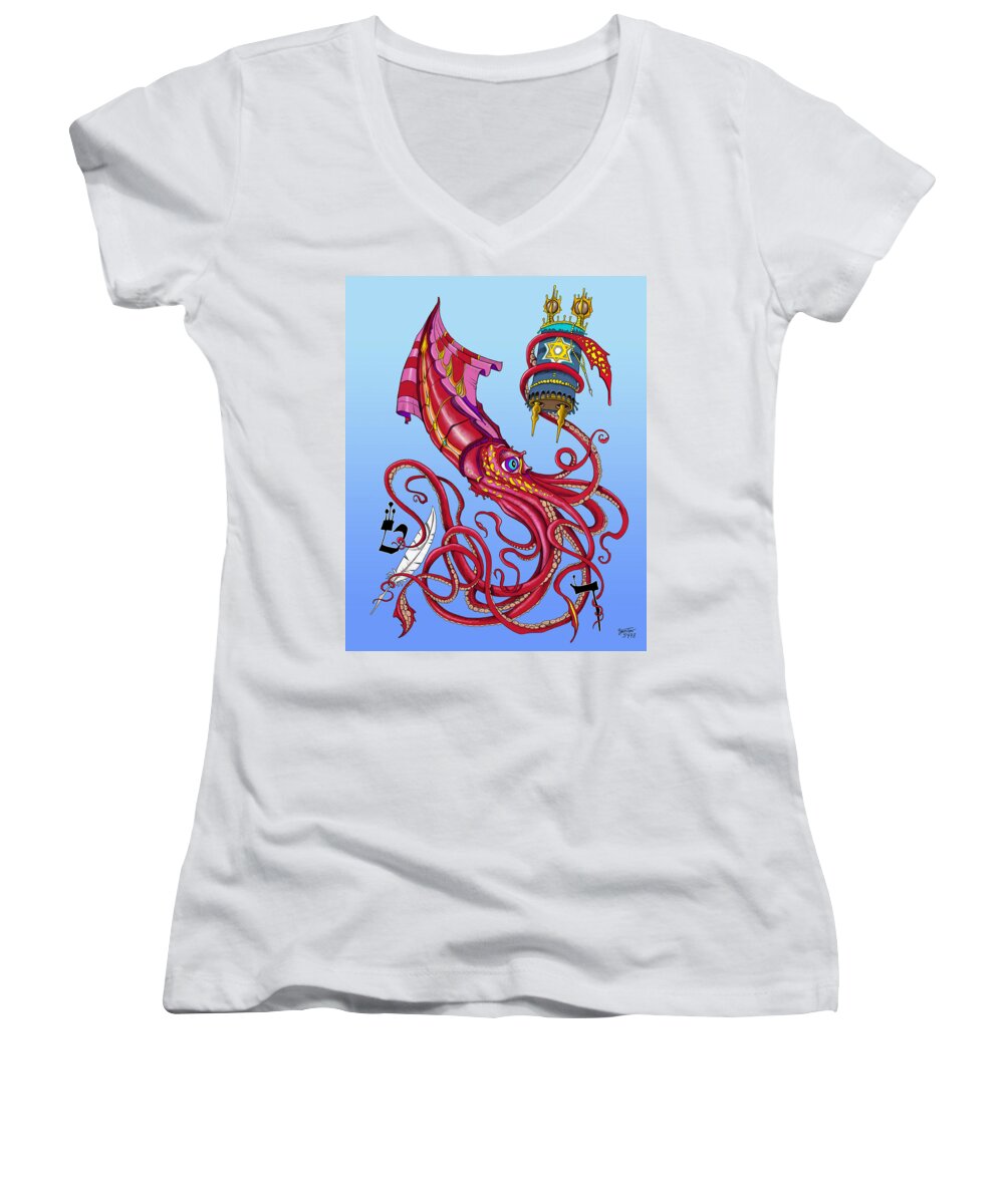 Squid Women's V-Neck featuring the painting Wish To Be Kosher by Yom Tov Blumenthal