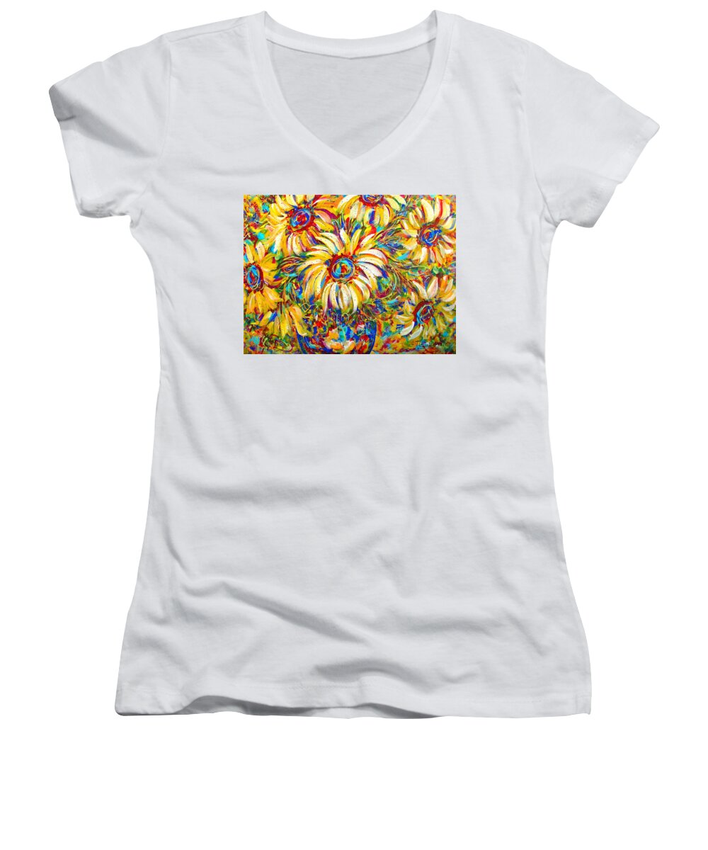 Flowers Women's V-Neck featuring the painting Sunflower Burst by Natalie Holland