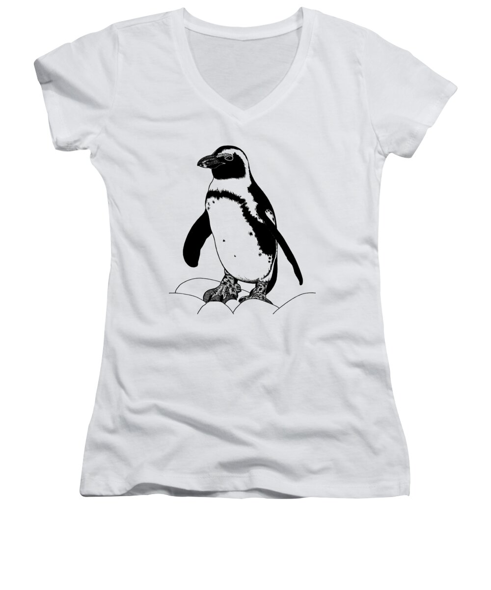 Penguin Women's V-Neck featuring the drawing African penguin ink illustration #1 by Loren Dowding