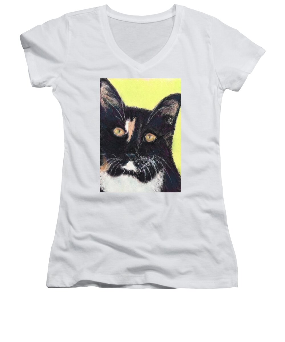 Cat Women's V-Neck featuring the pastel Complacent #1 by Sandy Hemmer