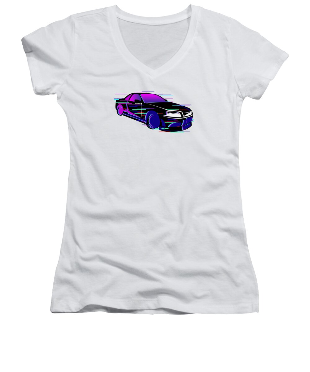 Jdm Women's V-Neck featuring the digital art JDM Tuning Car Racing Glitch Effect #1 by Toms Tee Store