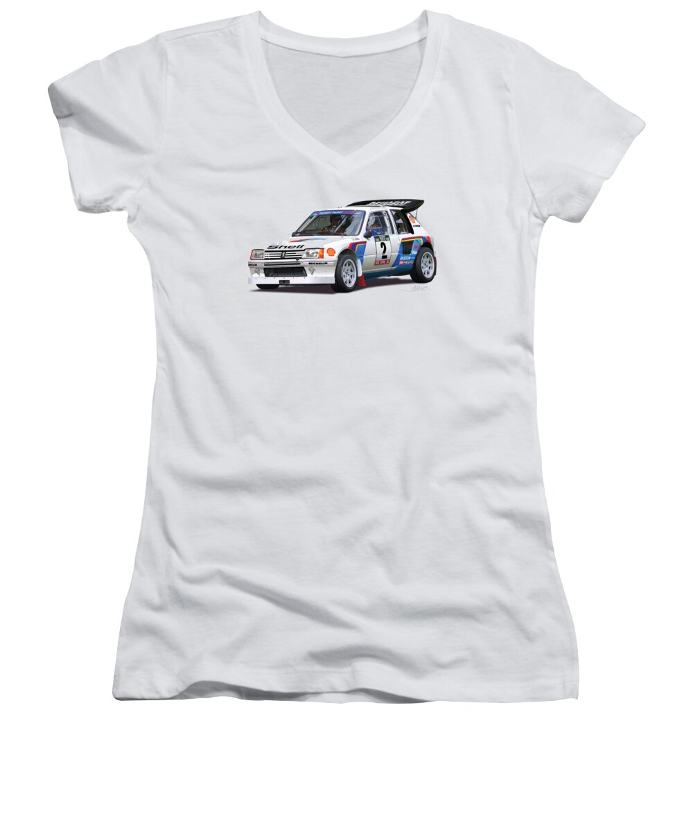 Peugeot 205 T16 1985 Illustration; Ary Vatanen - Terry Harryman Women's V-Neck featuring the drawing PEUGEOT 205 T16 1985 no back by Alain Jamar