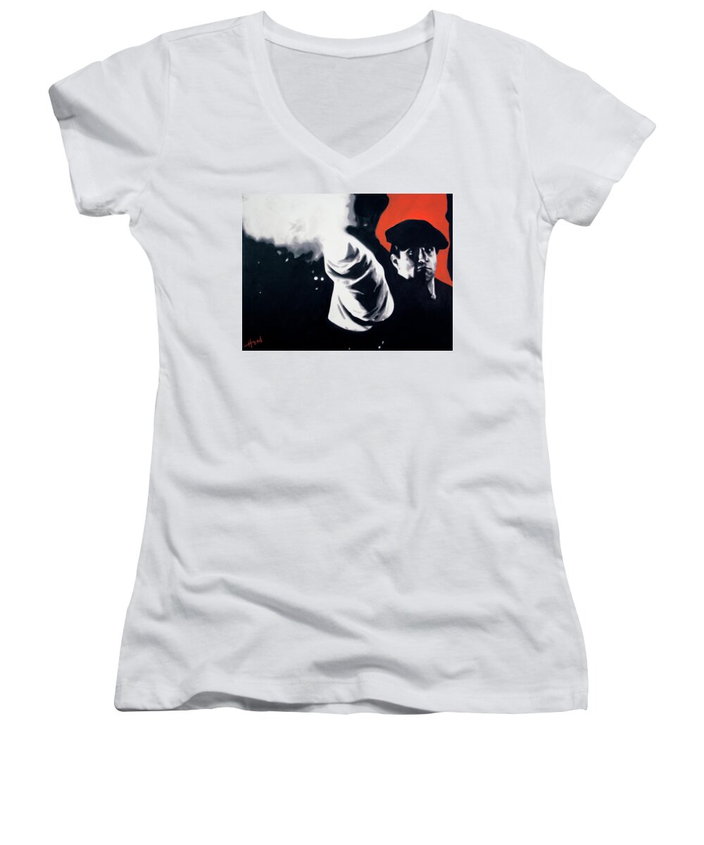 Monochrome Women's V-Neck featuring the painting The Godfather #1 by Hood MA Central St Martins London