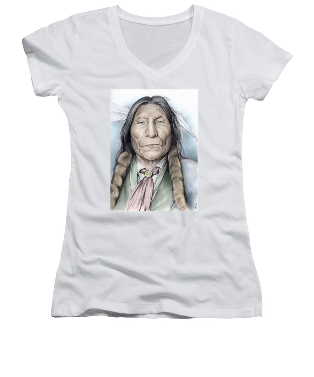 Wolf Robe Women's V-Neck featuring the drawing Wolf Robe #1 by Greg Joens
