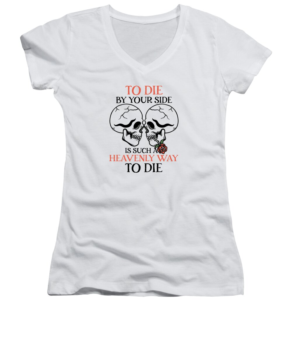 The Lovers Women's V-Neck featuring the digital art Romantic Gothic Skull Bones Skeleton Roses Death Grave Aesthetic Dark #2 by Toms Tee Store