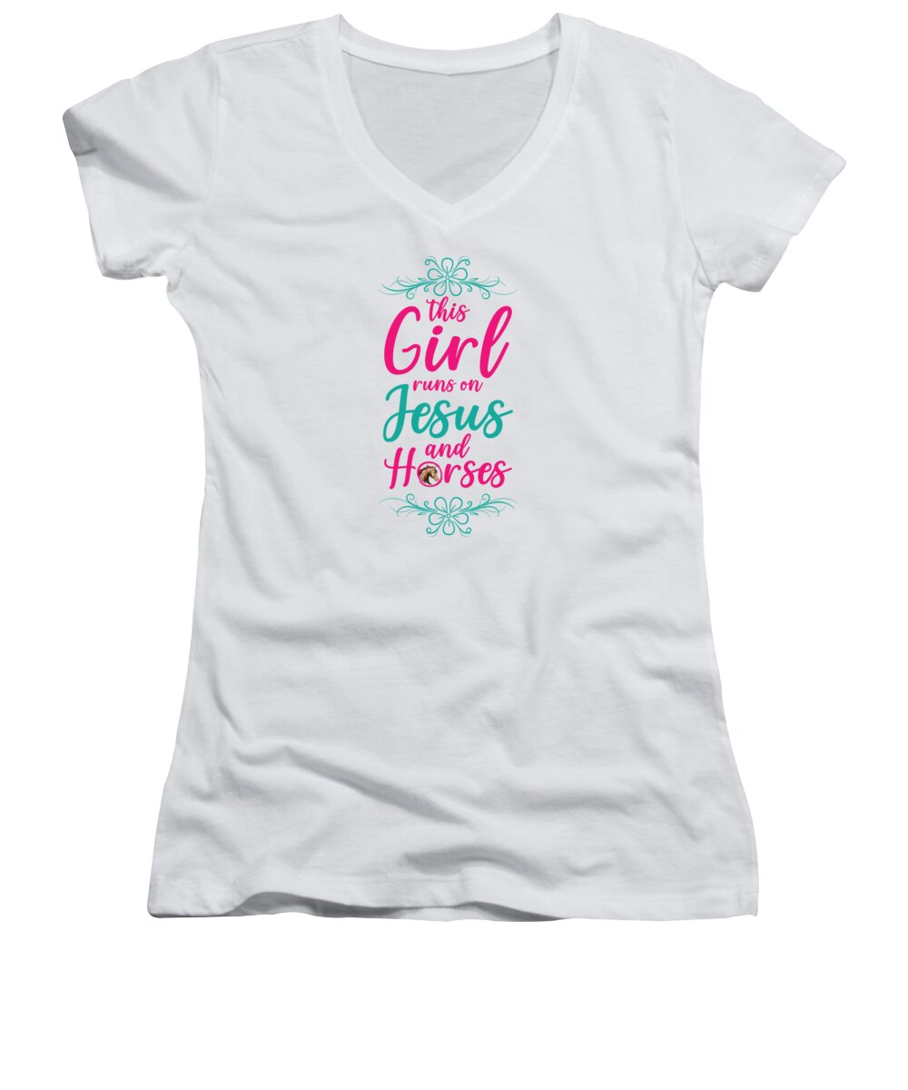 Horse Women's V-Neck featuring the digital art This Girl Runs On Jesus And Horses #4 by Toms Tee Store