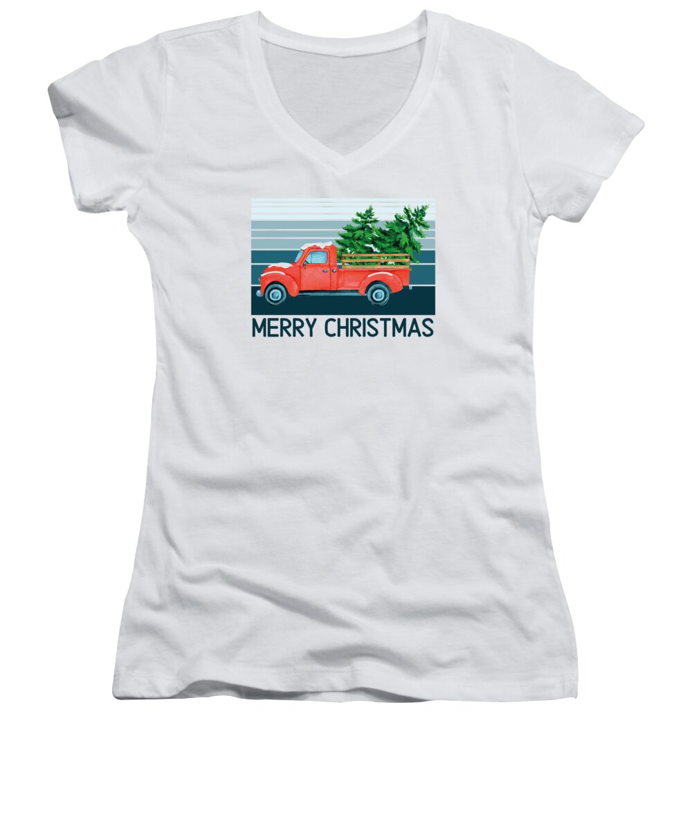 Red Christmas Wagon Women's V-Neck featuring the digital art Vintage Wagon Christmas Pickup Truck Retro #9 by Toms Tee Store