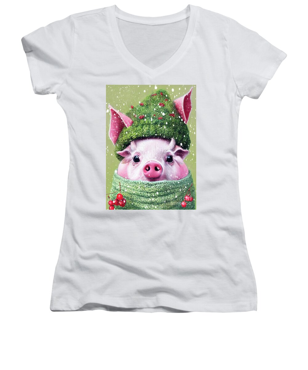 Pink Pig Women's V-Neck featuring the digital art A Piglet Wearing His Pig Hat by Tina LeCour