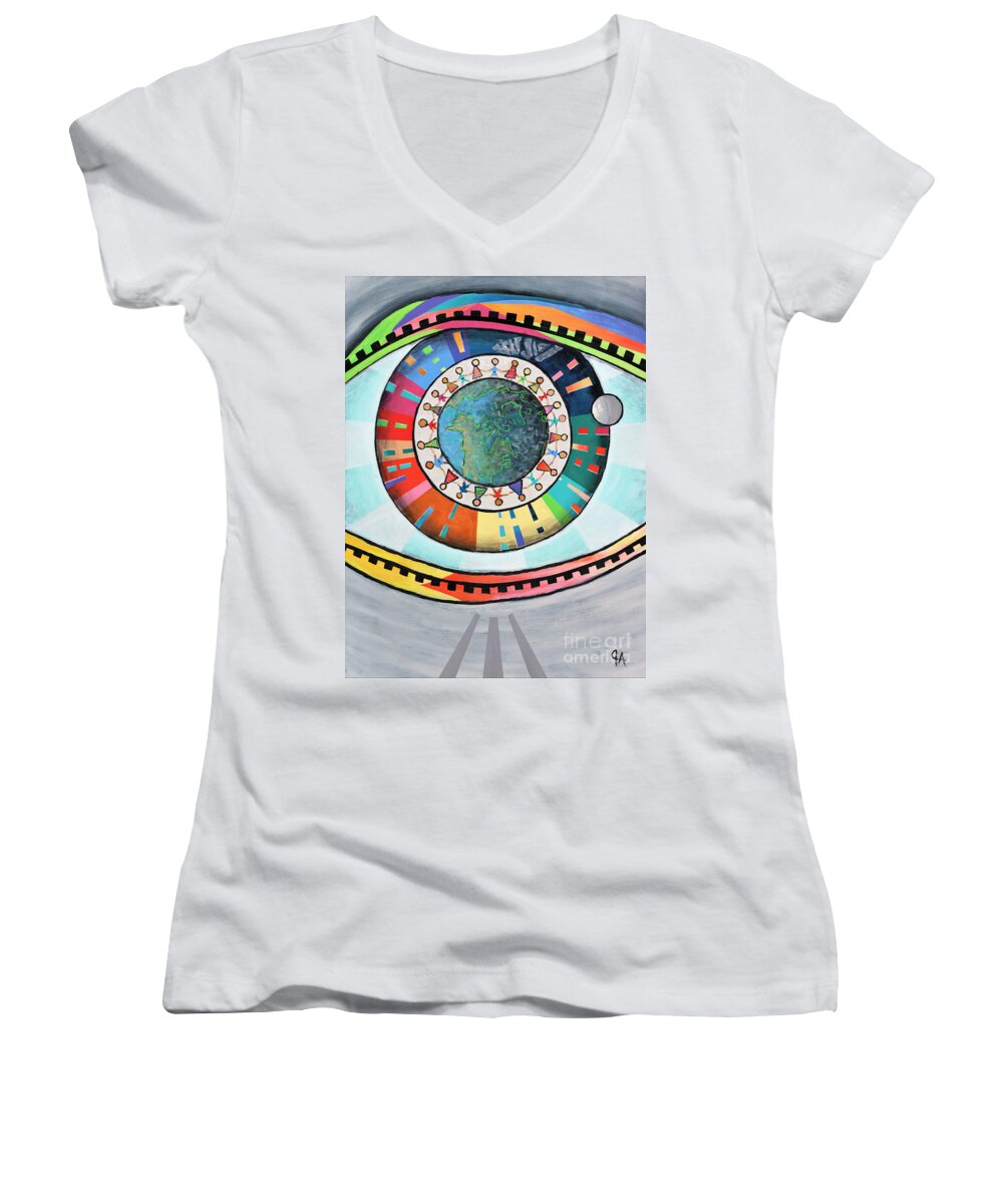 World Women's V-Neck featuring the painting A Pleasant Fiction by Jeremy Aiyadurai