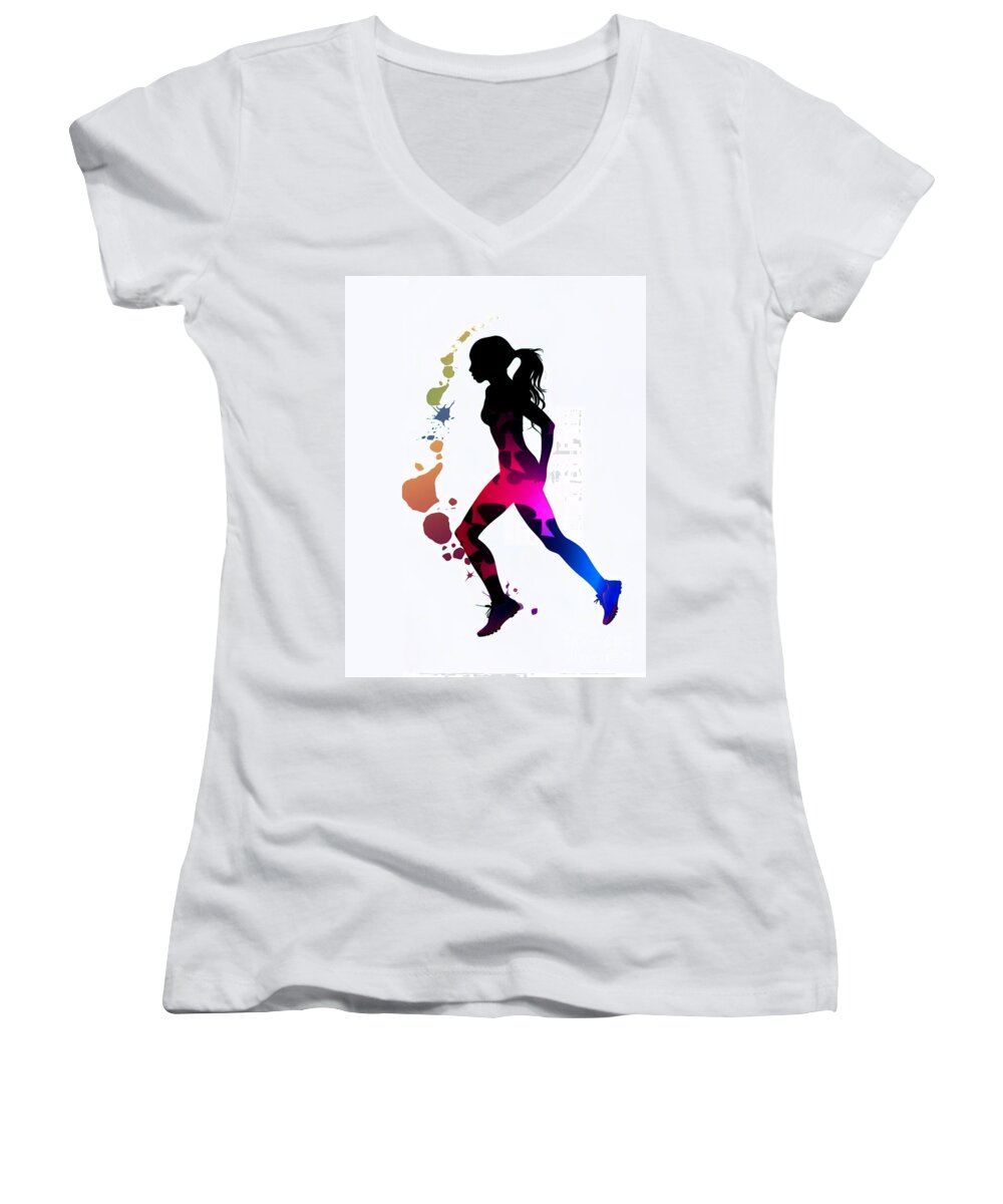 Health Women's V-Neck featuring the digital art A silhouette of a female runner in neon colors, in an abstract representation. by Odon Czintos