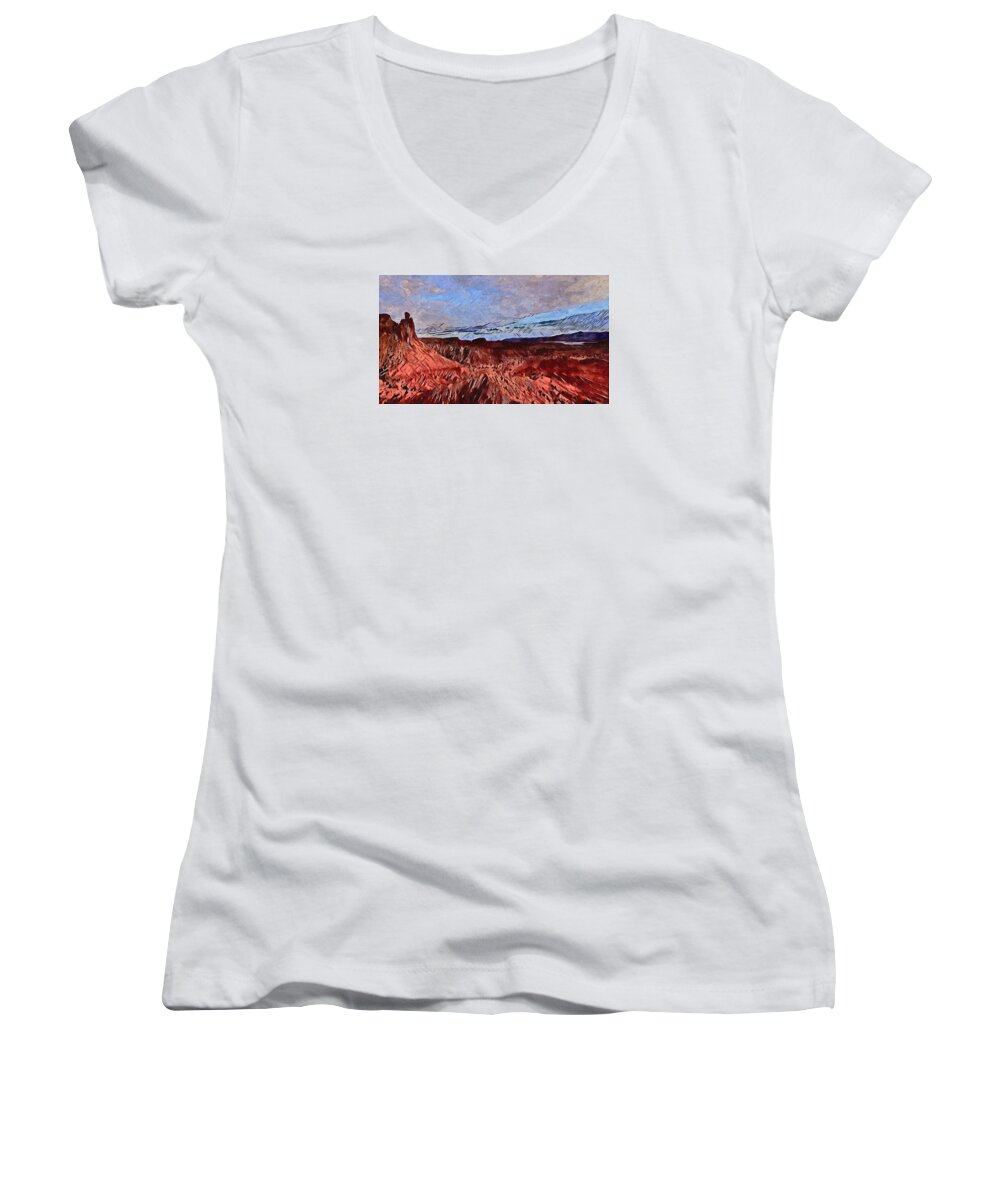 The Red Sandstone Cliffs At Ghost Ranch In Abiquiu Women's V-Neck featuring the digital art Abiquiu Cliffs by Aerial Santa Fe