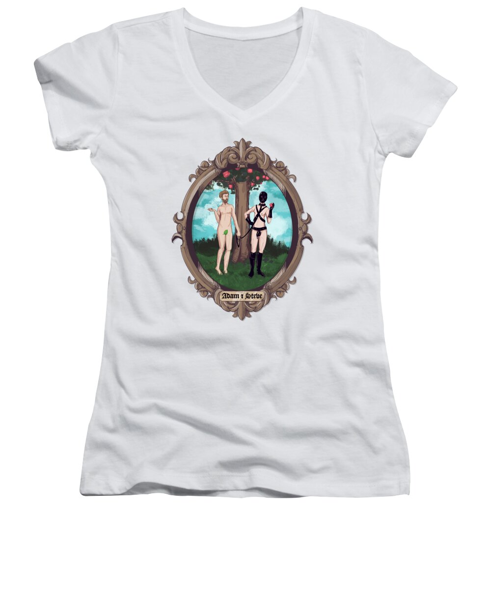 Adam & Steve Women's V-Neck featuring the drawing Adam and Steve by Ludwig Van Bacon