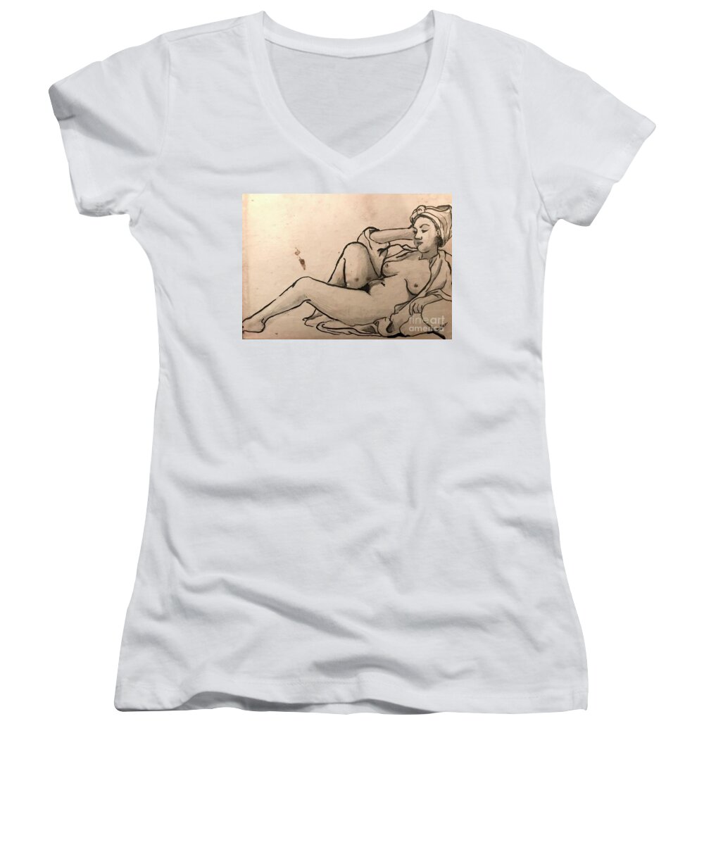 Sumi Ink Women's V-Neck featuring the drawing Alice Reclined by M Bellavia