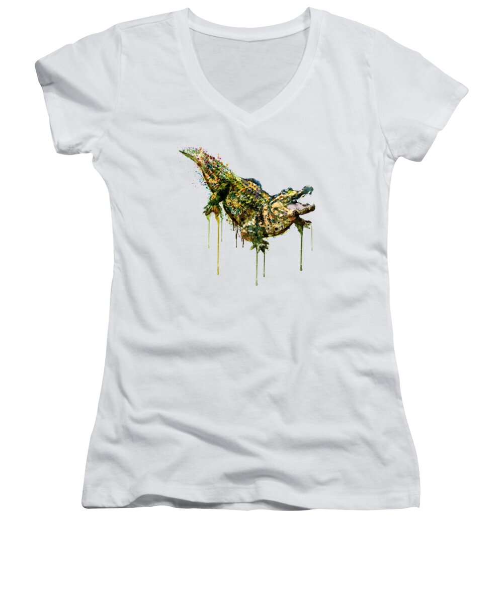 Marian Voicu Women's V-Neck featuring the painting Alligator watercolor painting by Marian Voicu