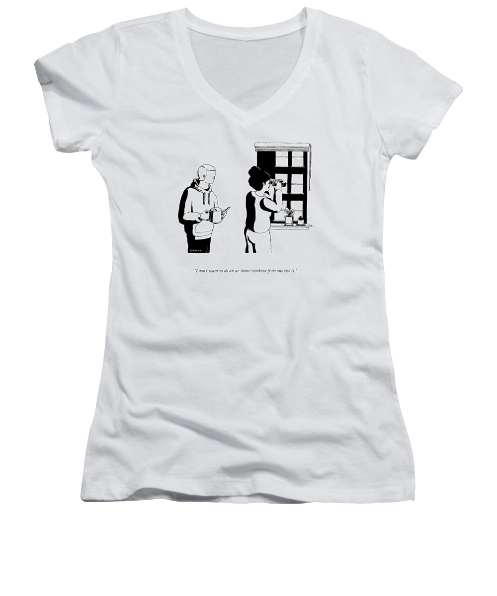 A26322 Women's V-Neck featuring the drawing An At Home Workout by Suerynn Lee