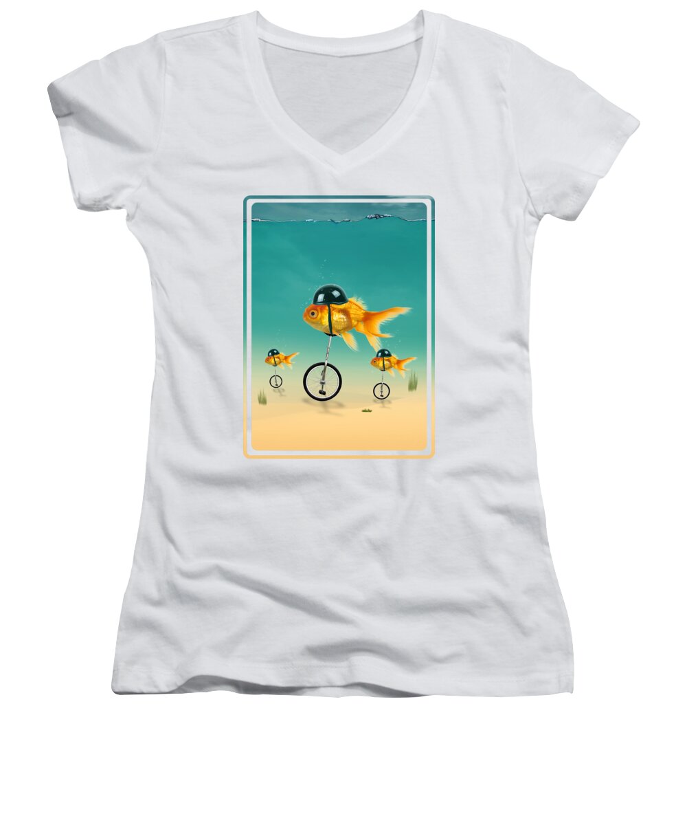 Gold Fish Women's V-Neck featuring the digital art The Race by Mark Ashkenazi