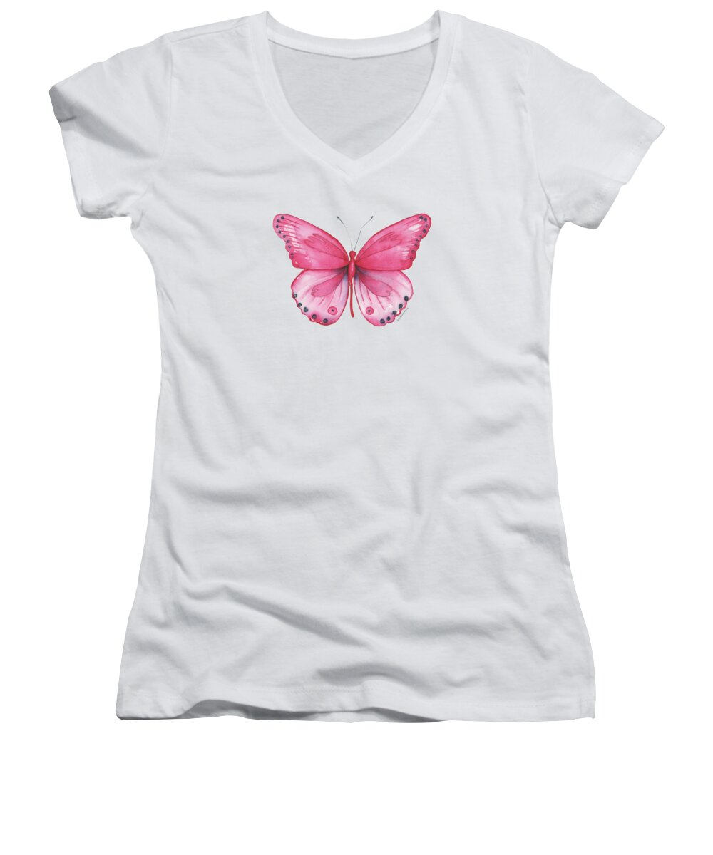 Pink Butterfly Women's V-Neck featuring the painting 107 Pink Genus Butterfly by Amy Kirkpatrick