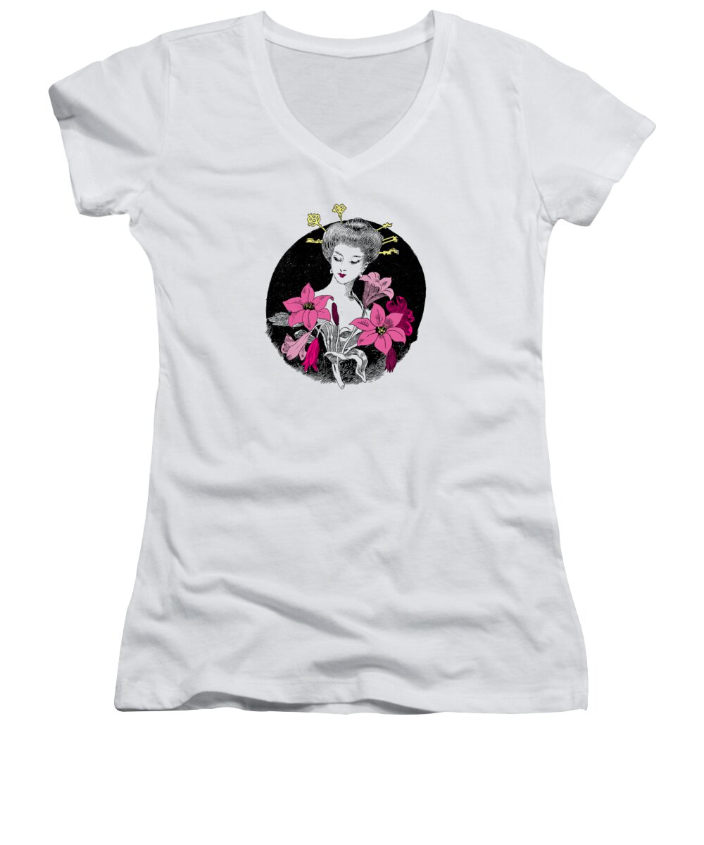 Japan Women's V-Neck featuring the digital art Japanese flower lady by Madame Memento