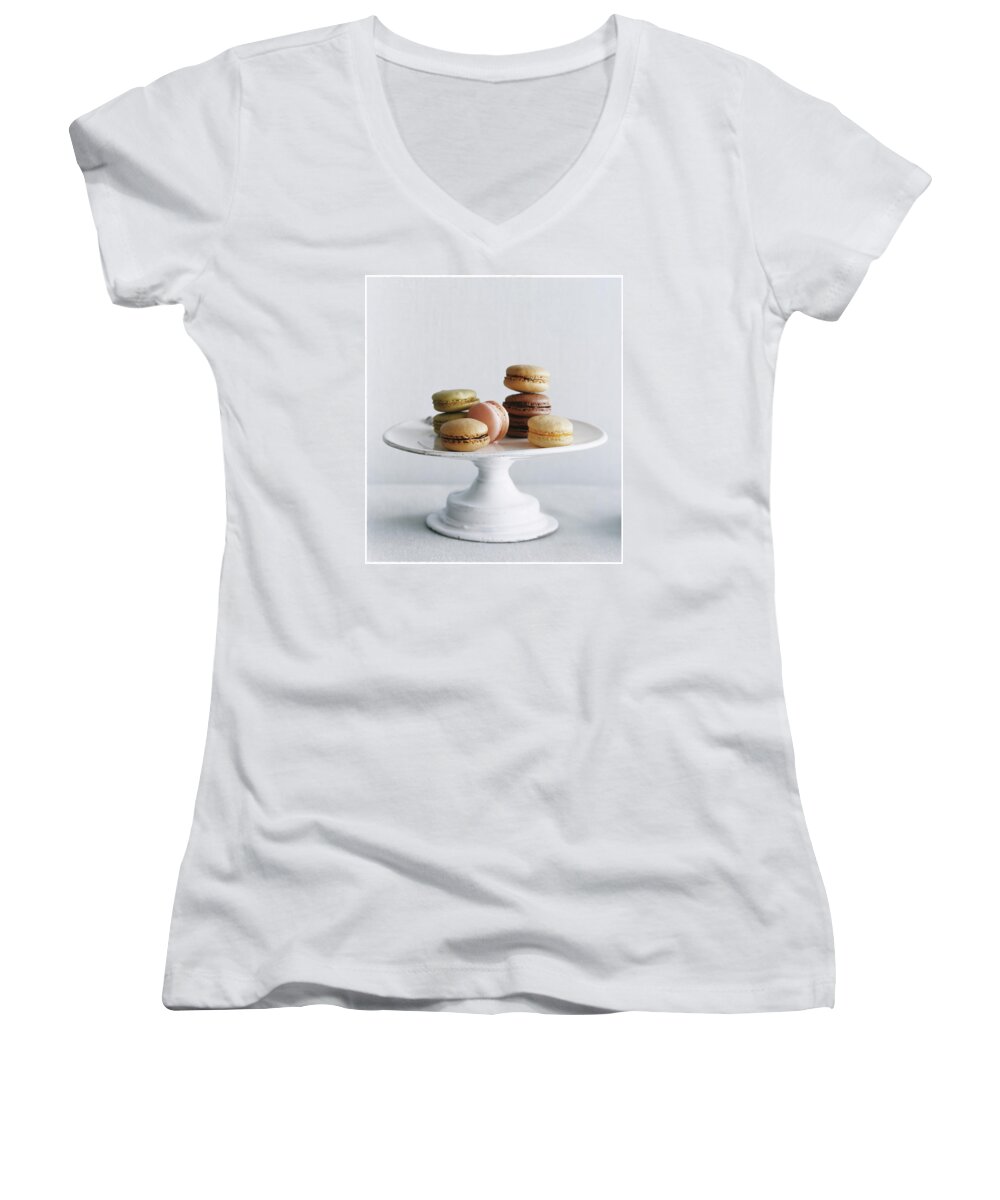 Still Life Women's V-Neck featuring the photograph Assorted Macarons by Romulo Yanes