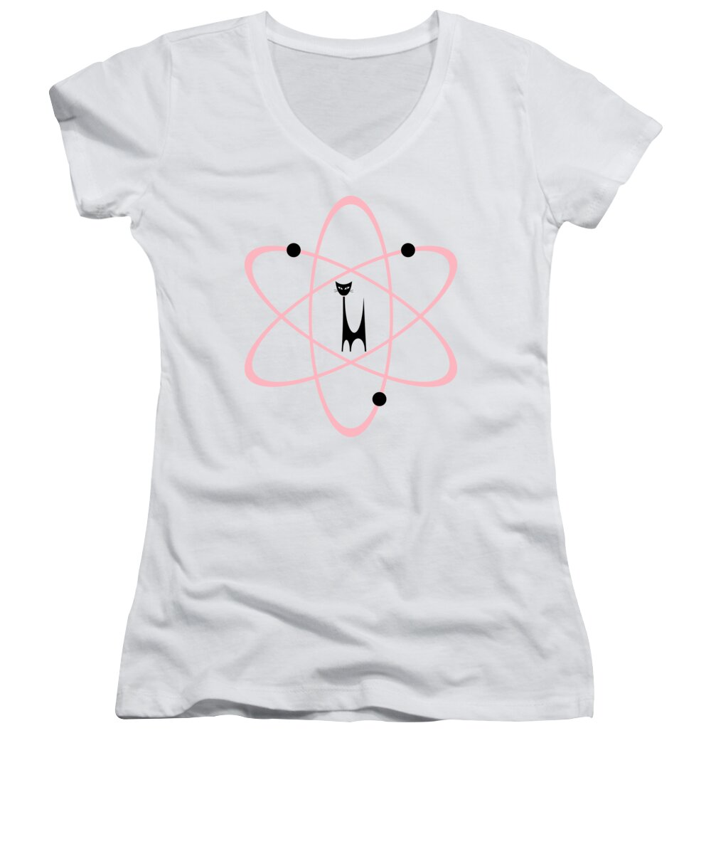 Atomic Cat Women's V-Neck featuring the digital art Atom Cat in Pink Transparent Background by Donna Mibus