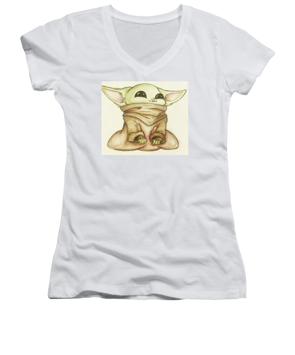 Baby Women's V-Neck featuring the drawing Baby Yoda by Tejay Nichols