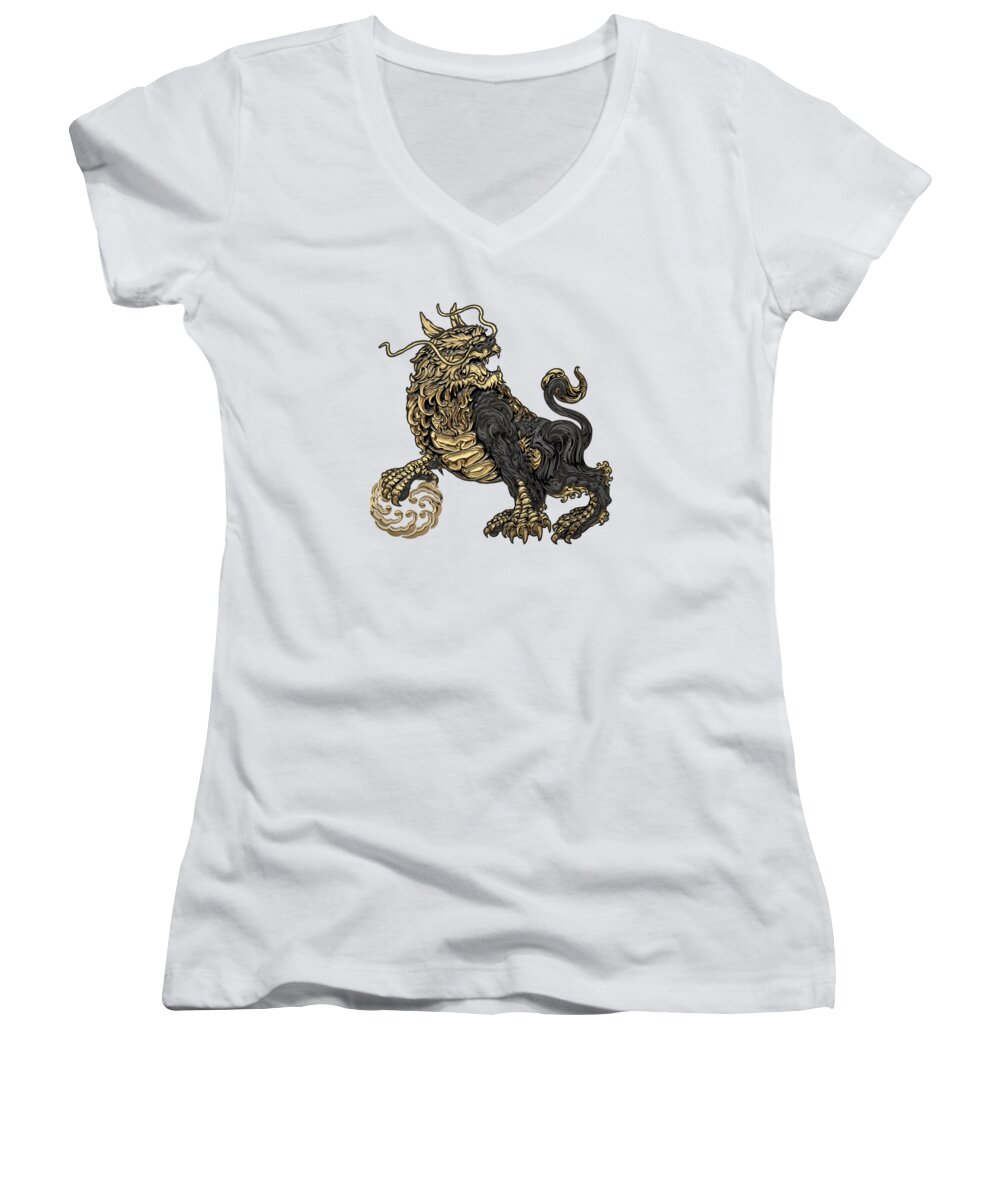 'treasures Of Japan’ Collection By Serge Averbukh Women's V-Neck featuring the digital art Black and Gold Japanese Guardian Lion-Dog Komainu over White Leather by Serge Averbukh
