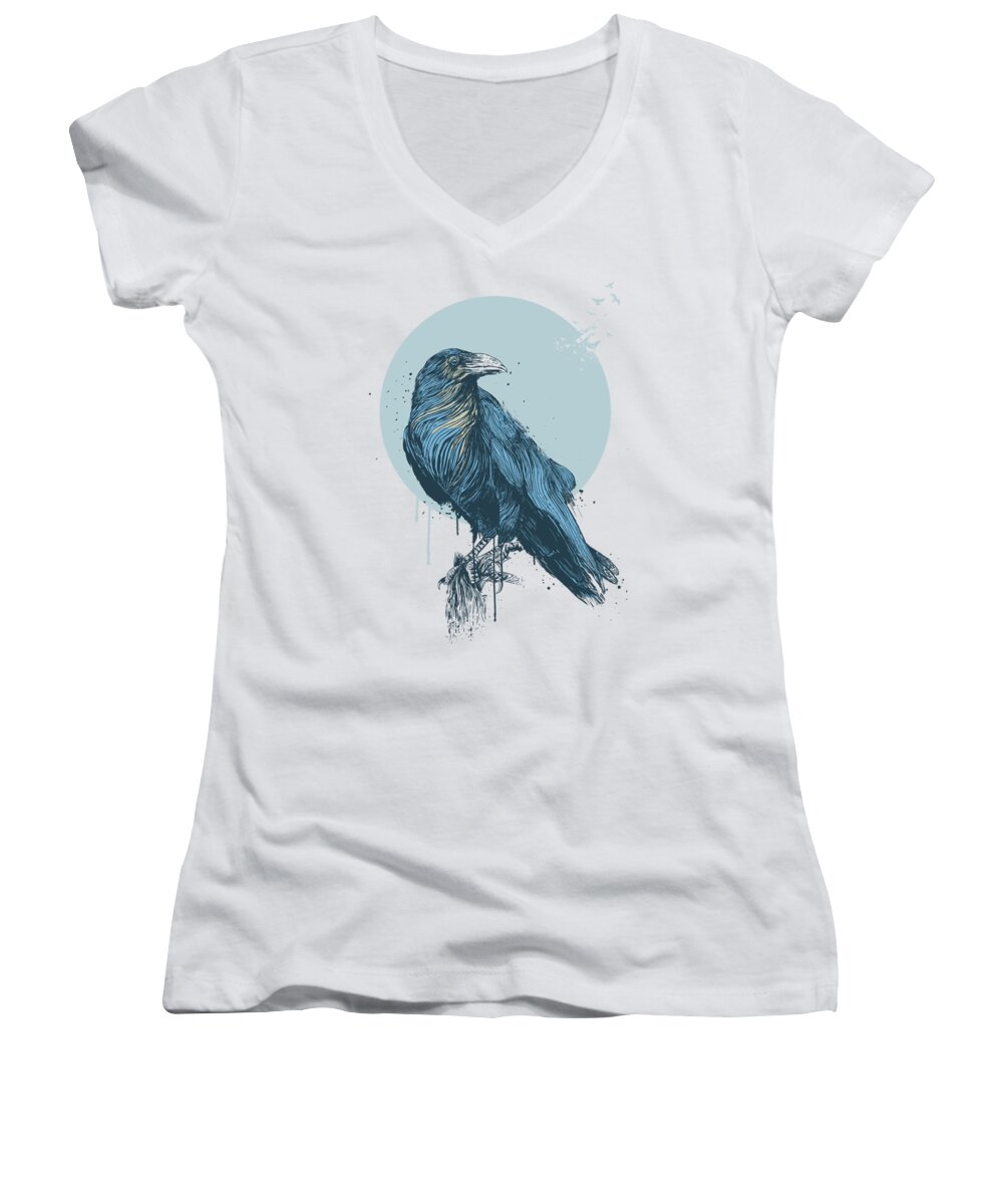 Birds Women's V-Neck featuring the drawing Blue crow by Balazs Solti