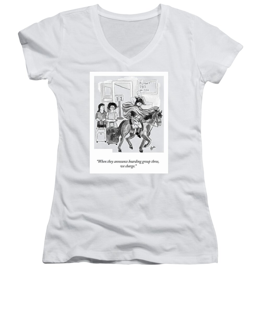 when They Announce Boarding Group Three Women's V-Neck featuring the drawing Boarding Group Three by Mads Horwath